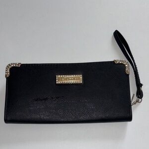 BEDAZZLED BRAND BLACK VEGAN LEATHER WALLET/WRISTLET GOLD ACCENTS AND RHINESTONES